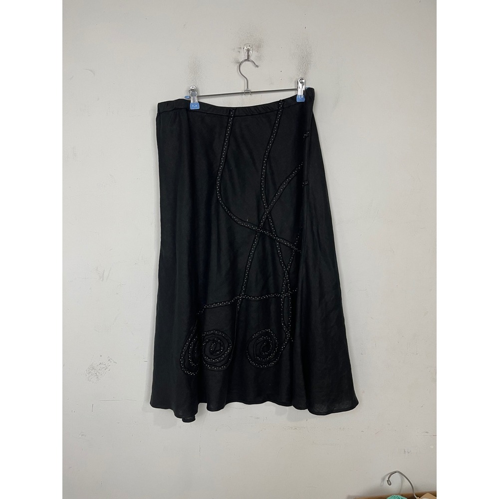 JM Collection Petite Black‎ 100% Linen Beaded Soutache Midi Skirt Womens 16P